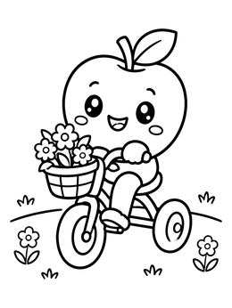 A kawaii fruit coloring page showing an apple character riding a small tricycle with flowers.