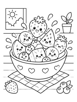 A cheerful kawaii fruit coloring page with splashing cartoon fruits in a heart bowl.