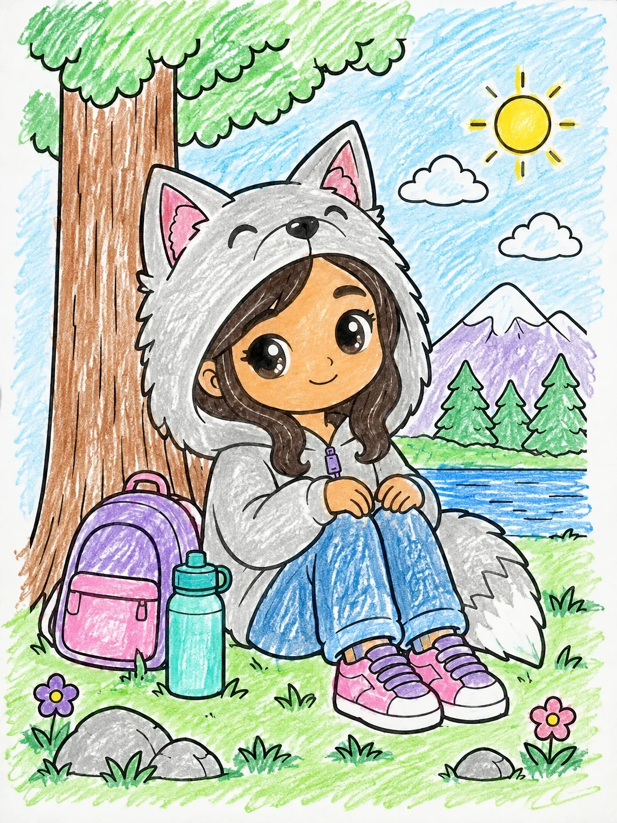 Colored example of the Anime Girl In Fox Hoodie Outdoors coloring page
