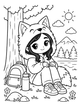 A kawaii girl coloring page featuring an anime girl in a wolf hoodie sitting outdoors.