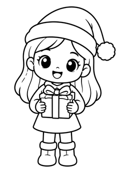 A cheerful kawaii girl coloring page featuring a child in a Santa hat holding a wrapped gift.