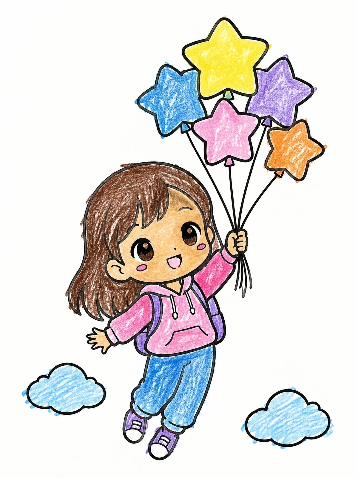 Colored example of the Anime Girl Floating With Star Balloons coloring page