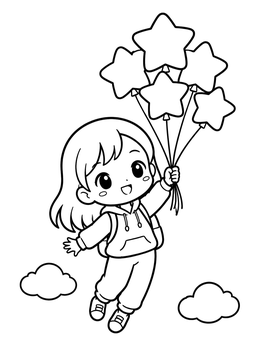 A cheerful kawaii girl coloring page featuring a child floating in the air with star balloons.