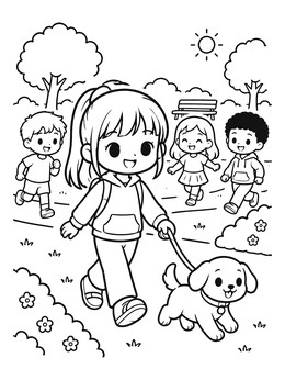 A kawaii girl coloring page featuring a cheerful anime child walking her puppy in a sunny park with friends.