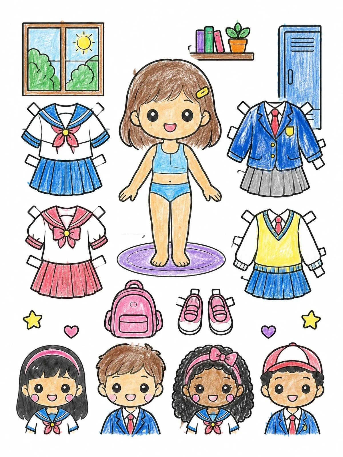 Colored example of the Anime Paper Doll With School Outfits coloring page