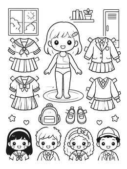 A kawaii girl coloring page featuring a paper doll with school uniforms and accessories.