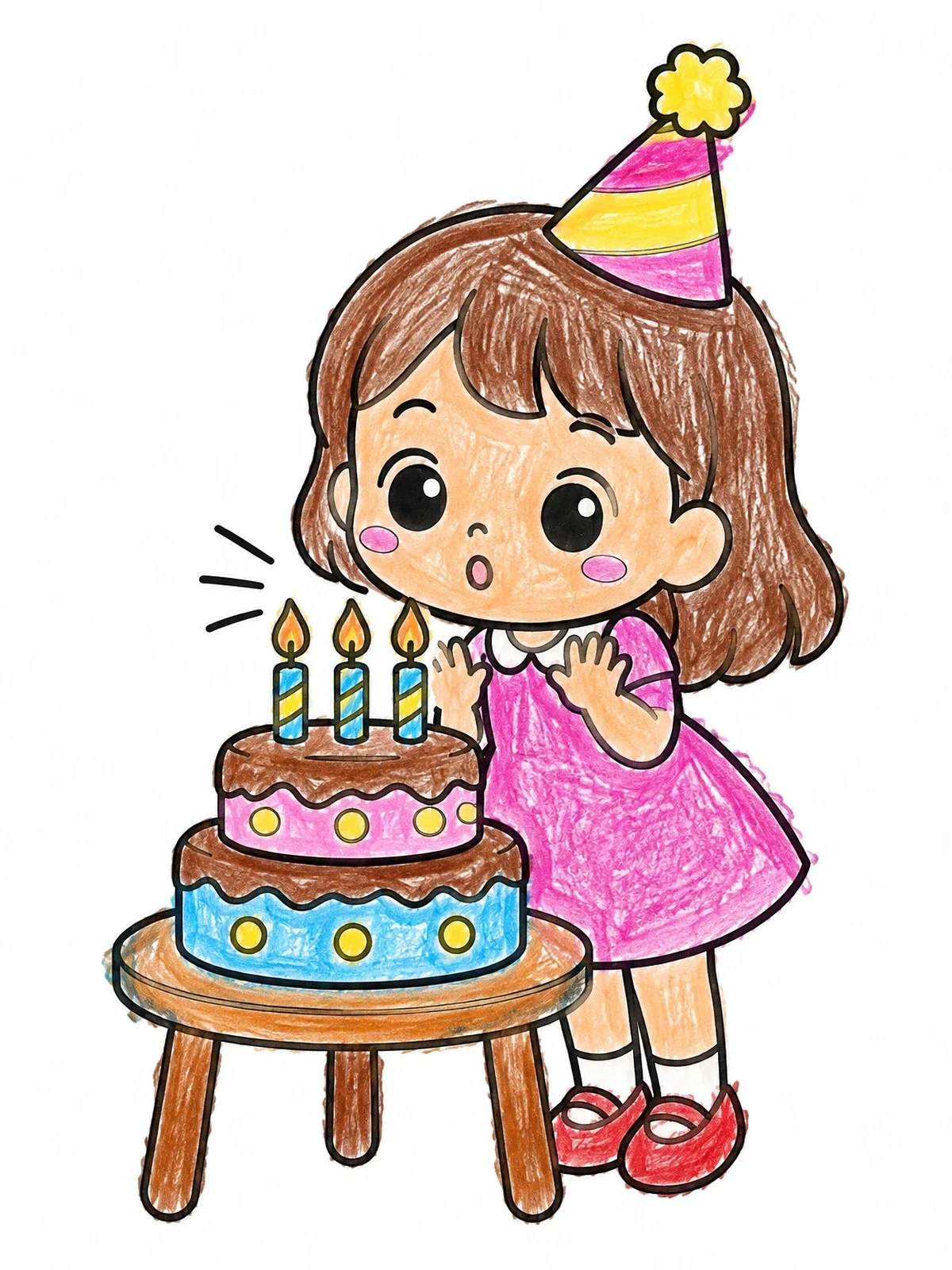 Colored example of the Birthday Girl Blowing Out Candles coloring page
