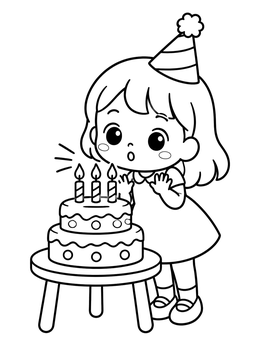A cute kawaii girl coloring page featuring a child in a party hat blowing out candles on a cake.