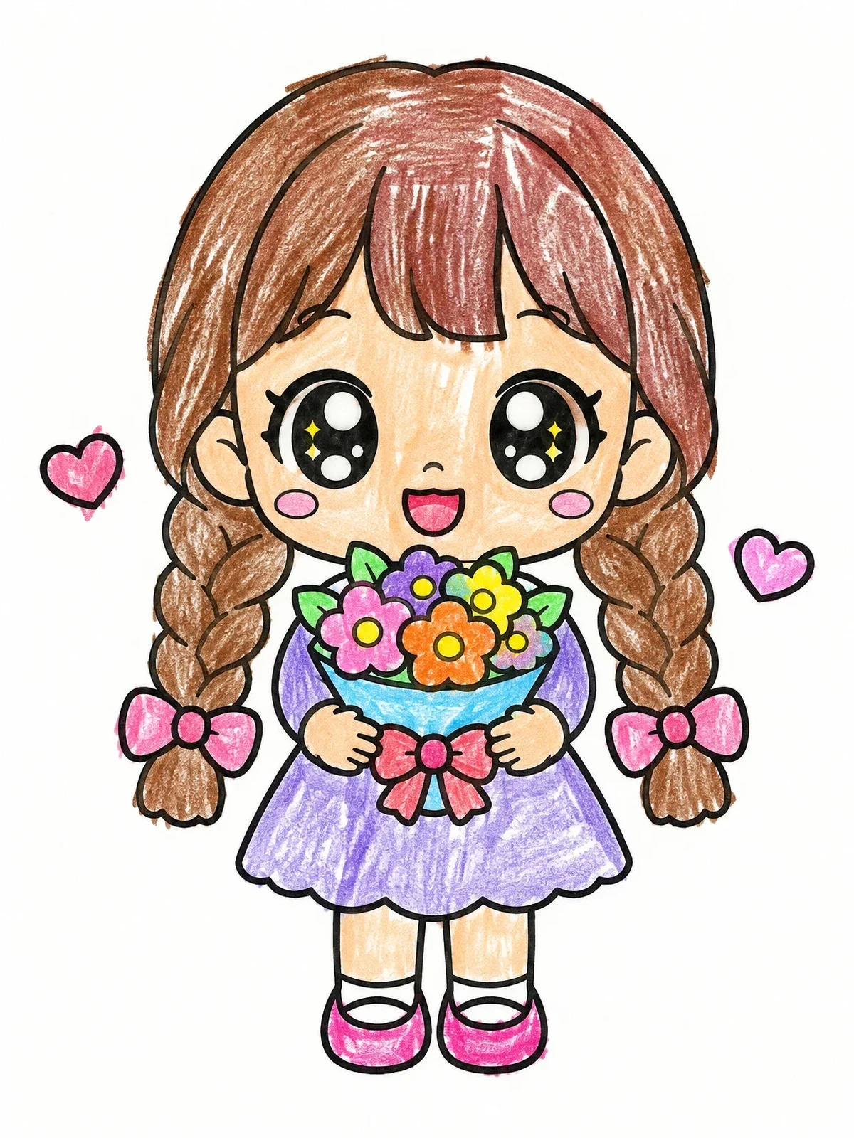 Colored example of the Chibi Girl With Flower Bouquet coloring page