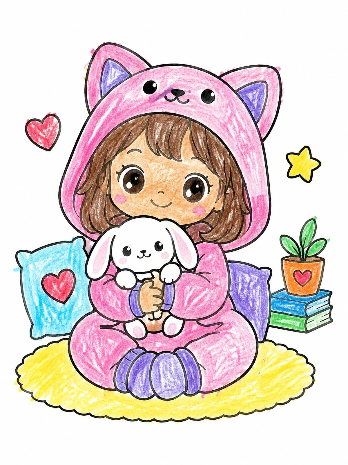 Colored example of the Cozy Anime Girl With Bunny Plush coloring page