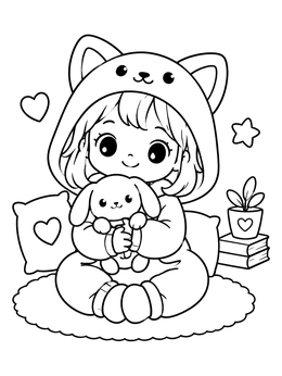 Free printable Cozy Anime Girl With Bunny Plush coloring page