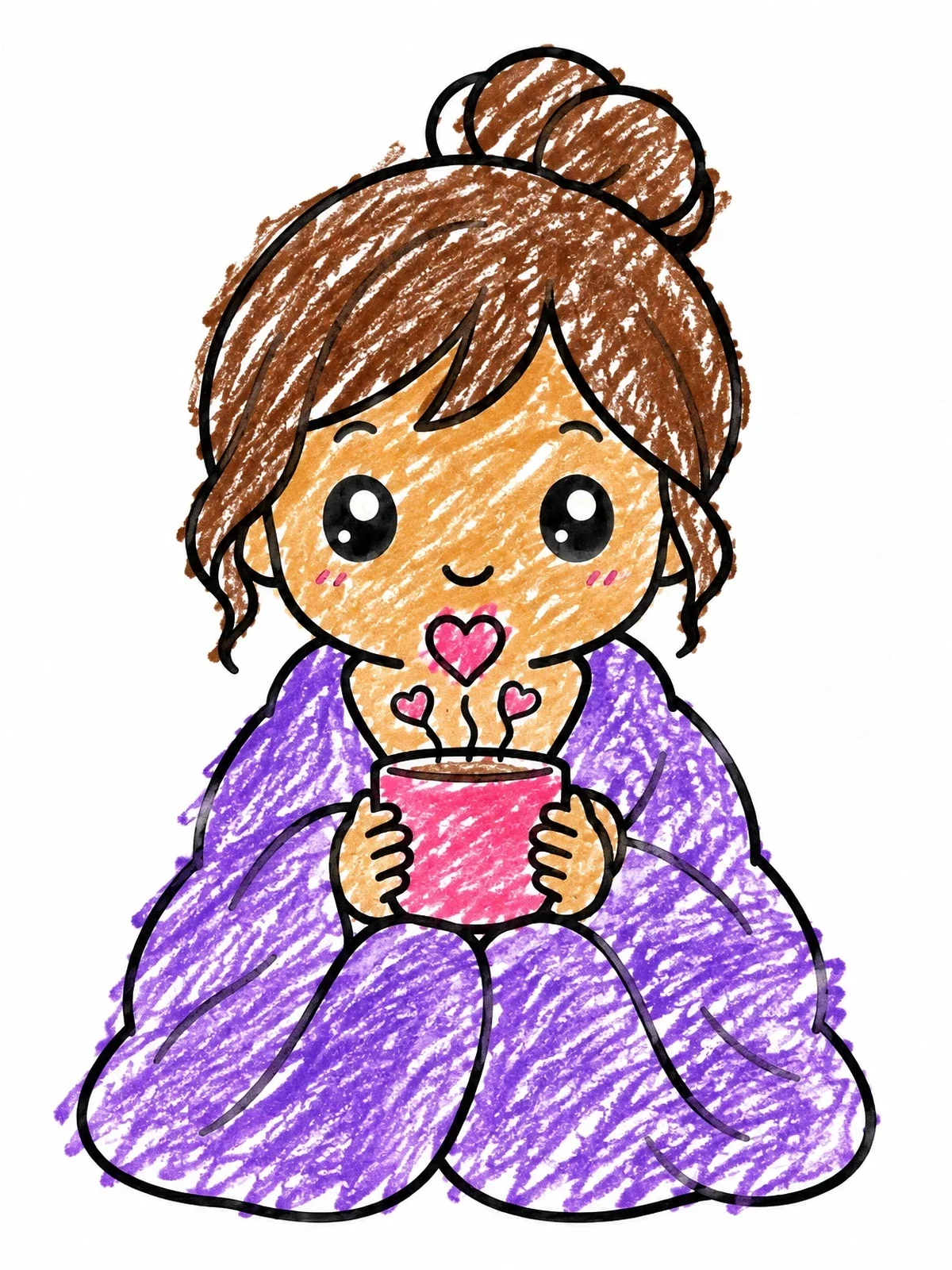 Colored example of the Cozy Chibi Girl With Warm Drink coloring page