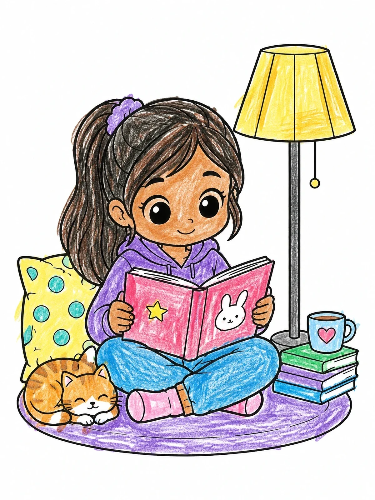 Colored example of the Cozy Storytime Under The Floor Lamp coloring page