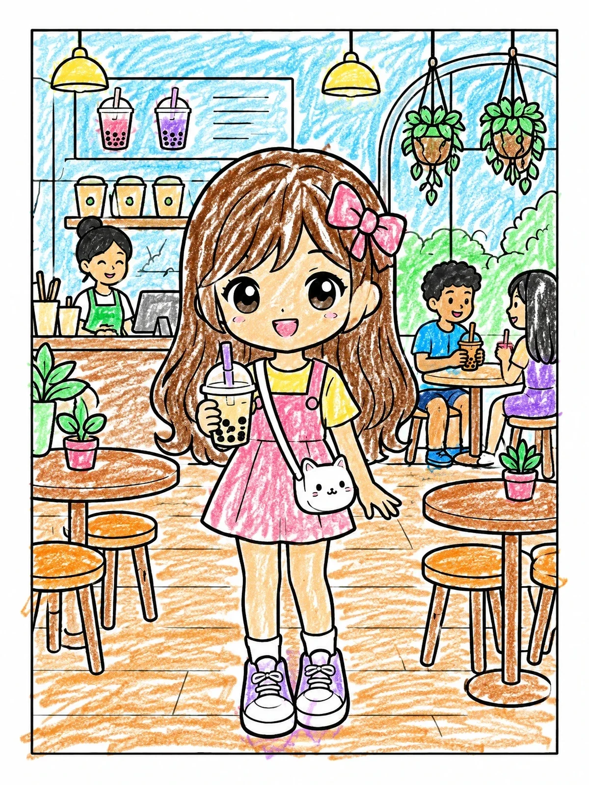 Colored example of the Cute Anime Girl At Boba Cafe coloring page