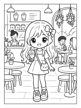 Free printable Cute Anime Girl At Boba Cafe coloring page