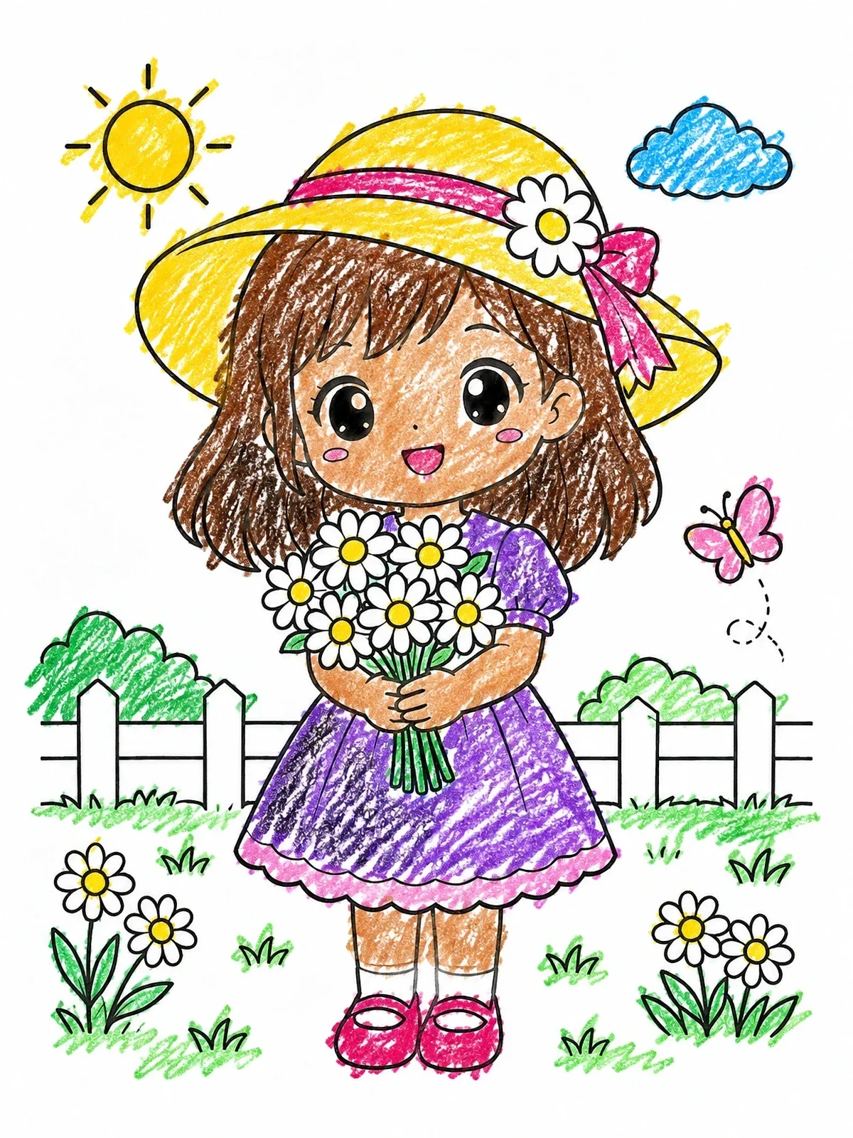 Colored example of the Cute Anime Girl With Daisies coloring page