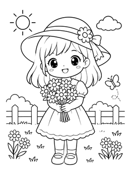 A cheerful kawaii girl coloring page featuring a child holding daisies in a sunhat.