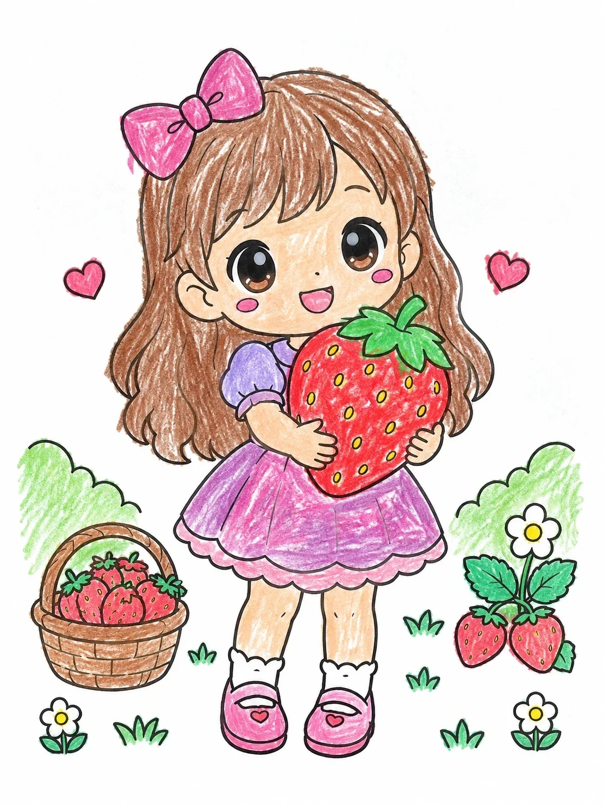 Colored example of the Cute Anime Girl With Giant Strawberry coloring page