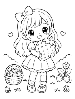A kawaii girl coloring page showing a little girl holding a giant strawberry next to a berry basket.