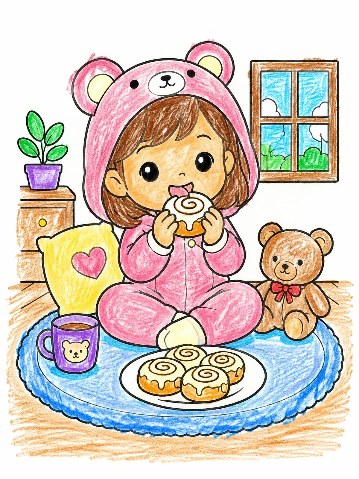 Colored example of the Cute Girl In Bear Onesie With Pastries coloring page