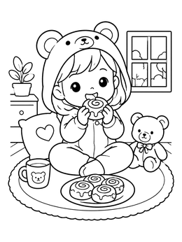 A kawaii girl coloring page showing a toddler in a cozy bear onesie eating sweet cinnamon rolls.
