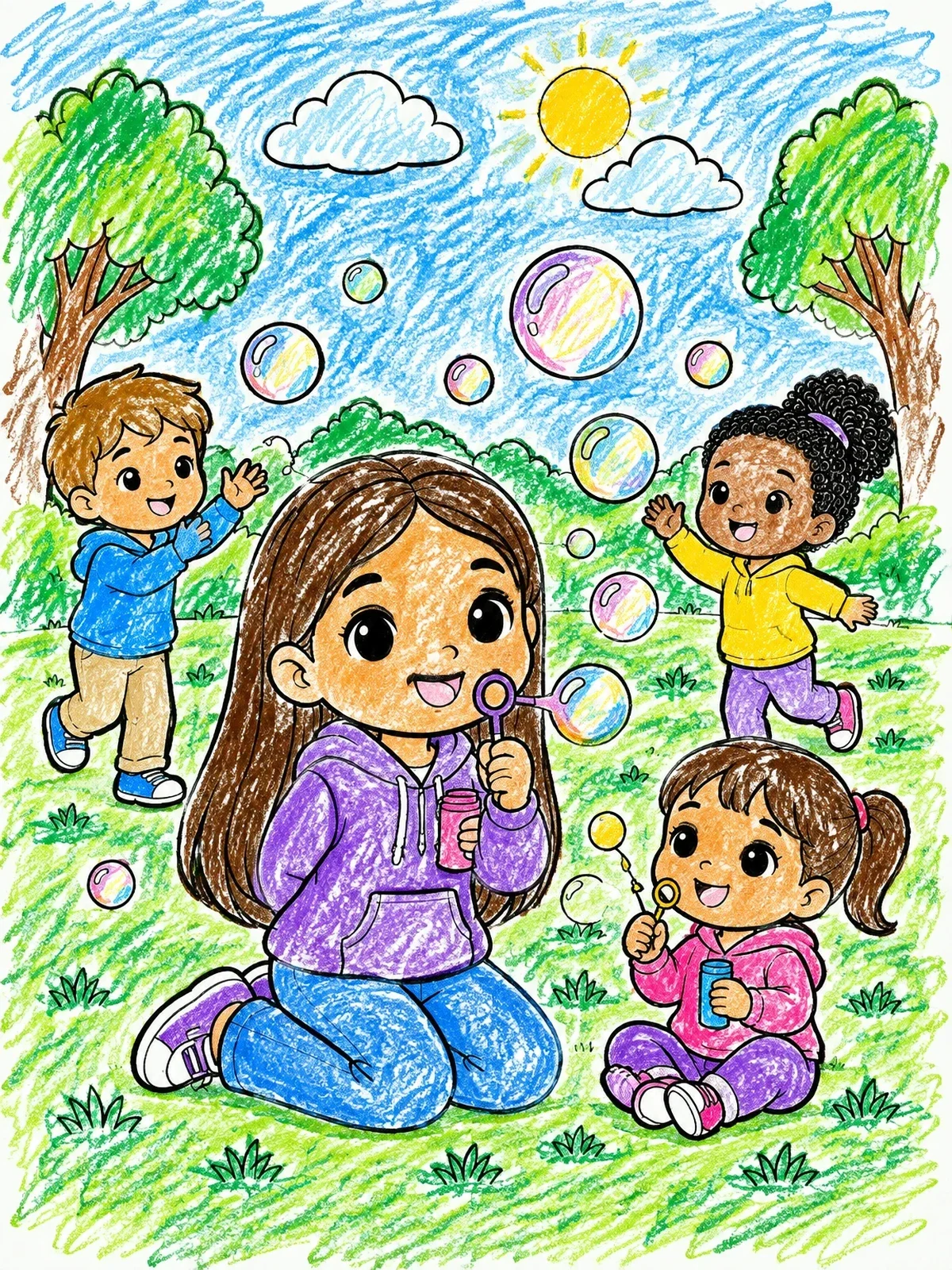 Colored example of the Cute Girl Blowing Bubbles Outdoors coloring page