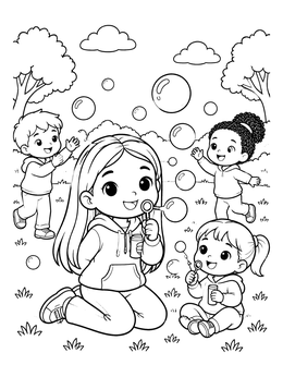 Free printable Cute Girl Blowing Bubbles Outdoors coloring page