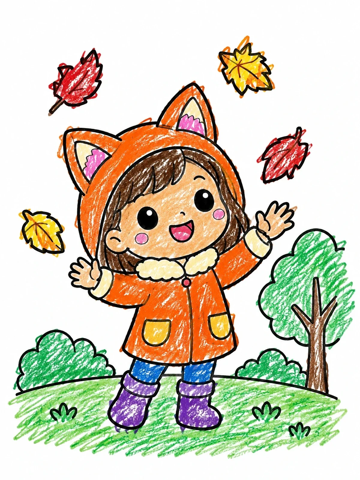 Colored example of the Cute Girl In Fox Hoodie Outdoors coloring page