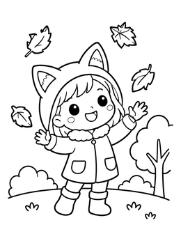 A cheerful kawaii girl coloring page featuring a child in a fox hood catching autumn leaves.