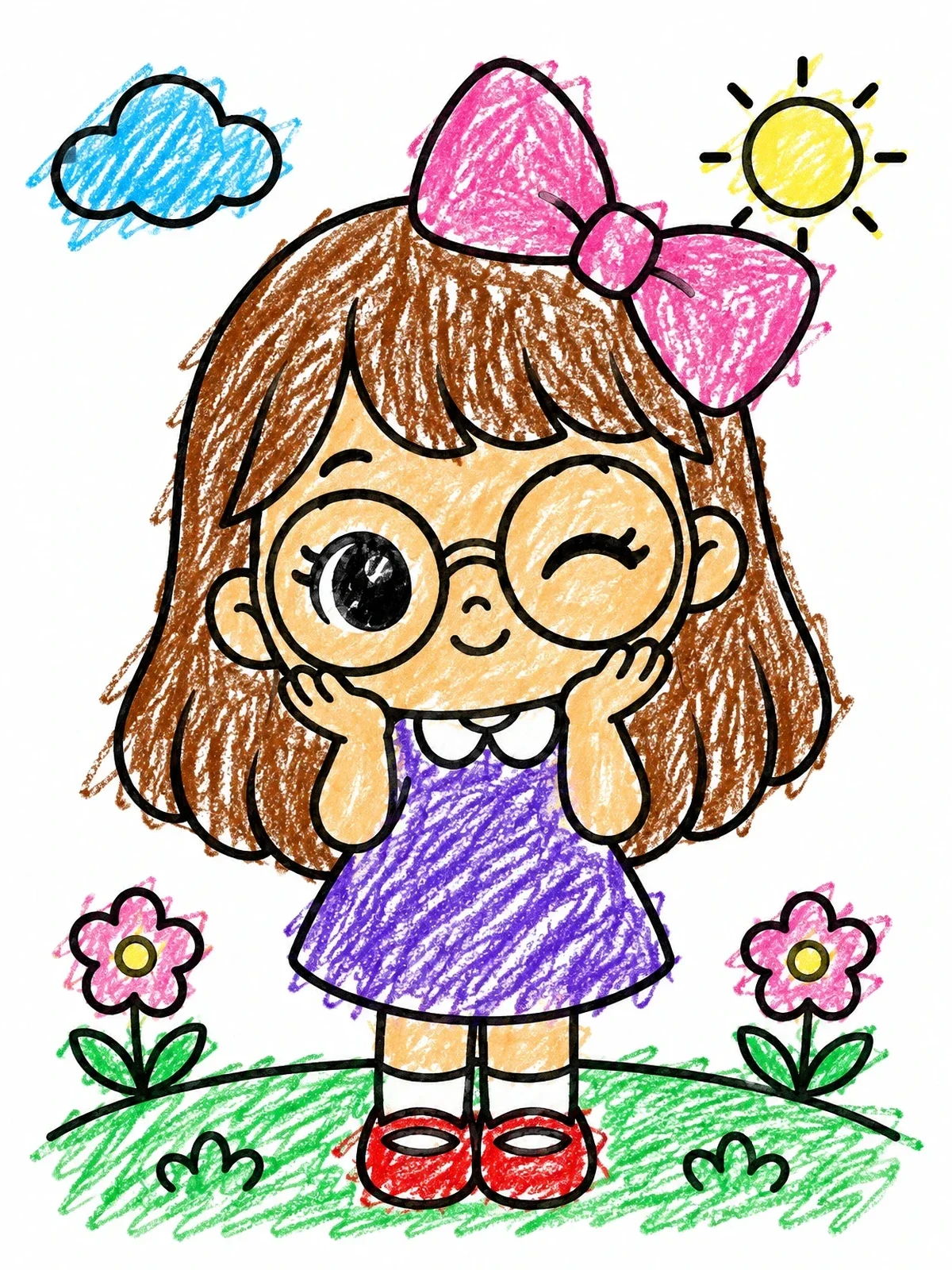 Colored example of the Cute Winking Girl With Glasses coloring page
