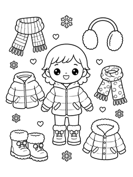 A kawaii girl coloring page featuring a chibi character surrounded by winter coats, scarves, boots, and earmuffs.