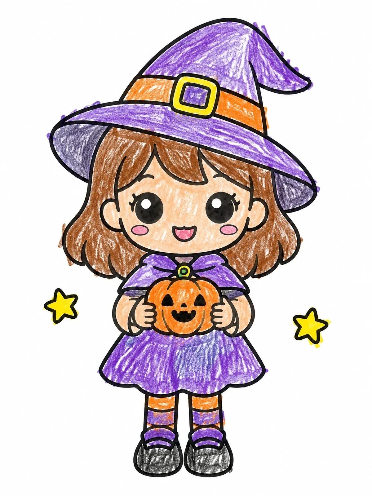 Colored example of the Cute Witch Girl With Pumpkin coloring page