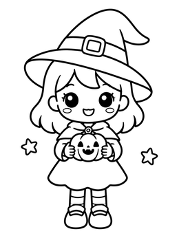 A sweet little witch in this kawaii girl coloring page holds a smiling pumpkin.