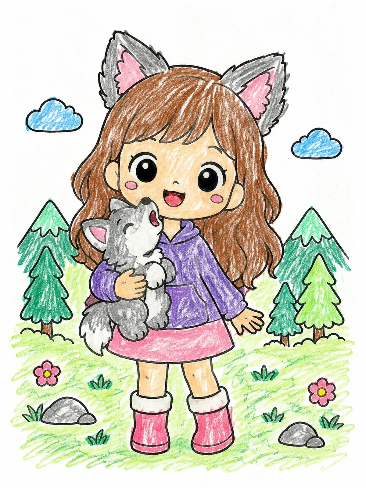 Colored example of the Cute Wolf Girl With Howling Pup coloring page