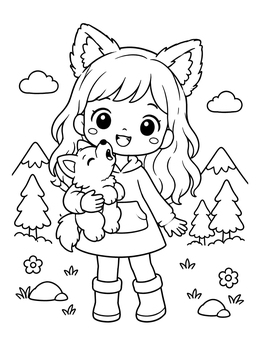 A kawaii girl coloring page featuring a smiling anime girl with fluffy wolf ears holding a little howling wolf.