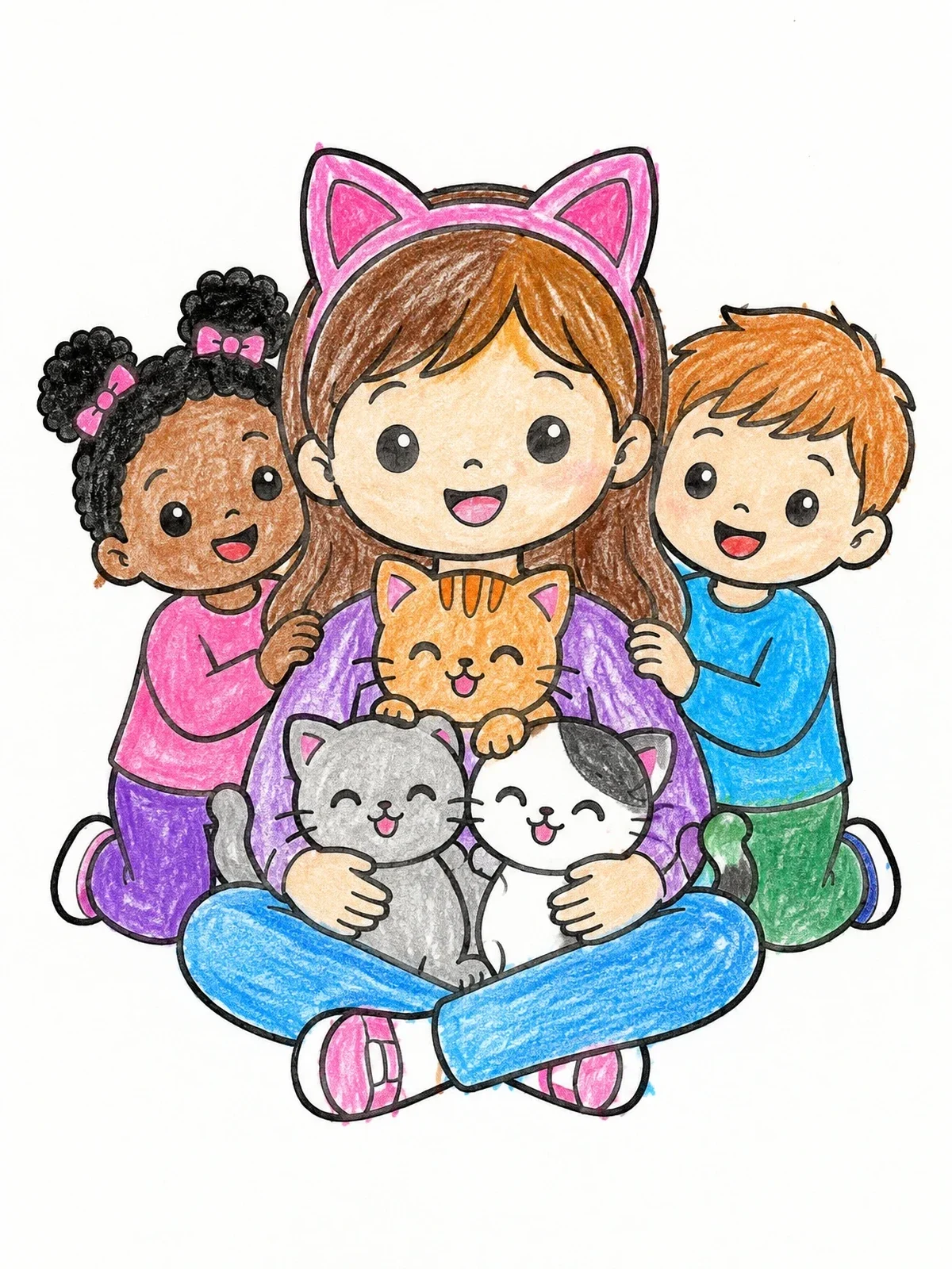 Colored example of the Girl With Cat Ears And Kittens coloring page