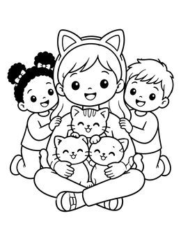 A kawaii girl coloring page showing kids smiling together while holding three sweet kittens.