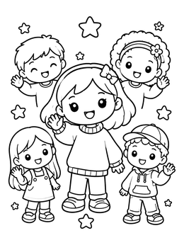 Free printable Happy Friends Waving With Stars coloring page