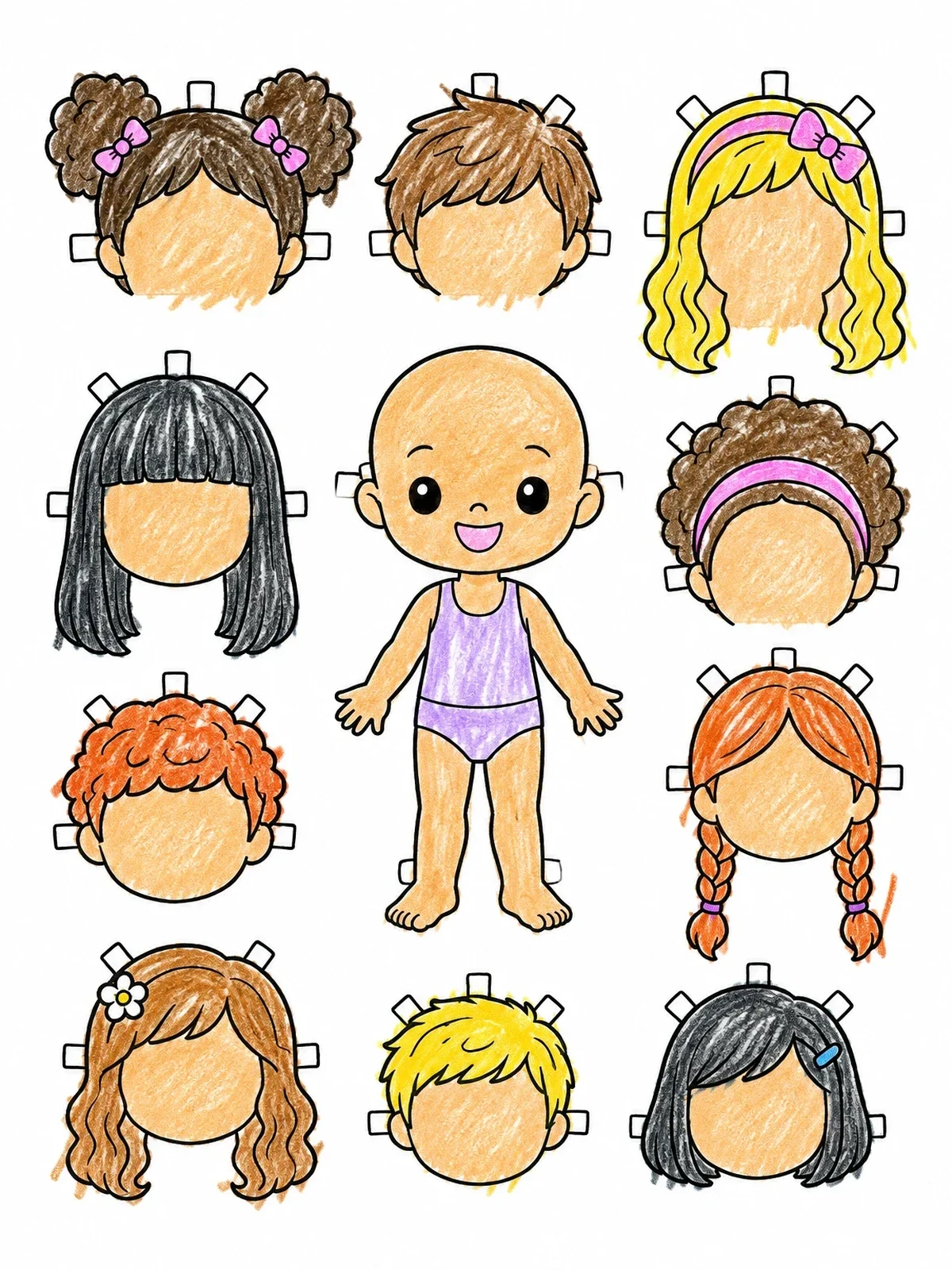 Colored example of the Paper Doll Figure With Hairstyle Wigs coloring page