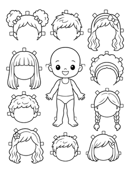A kawaii girl coloring page featuring a paper doll figure surrounded by various hairstyle cutouts with tabs.