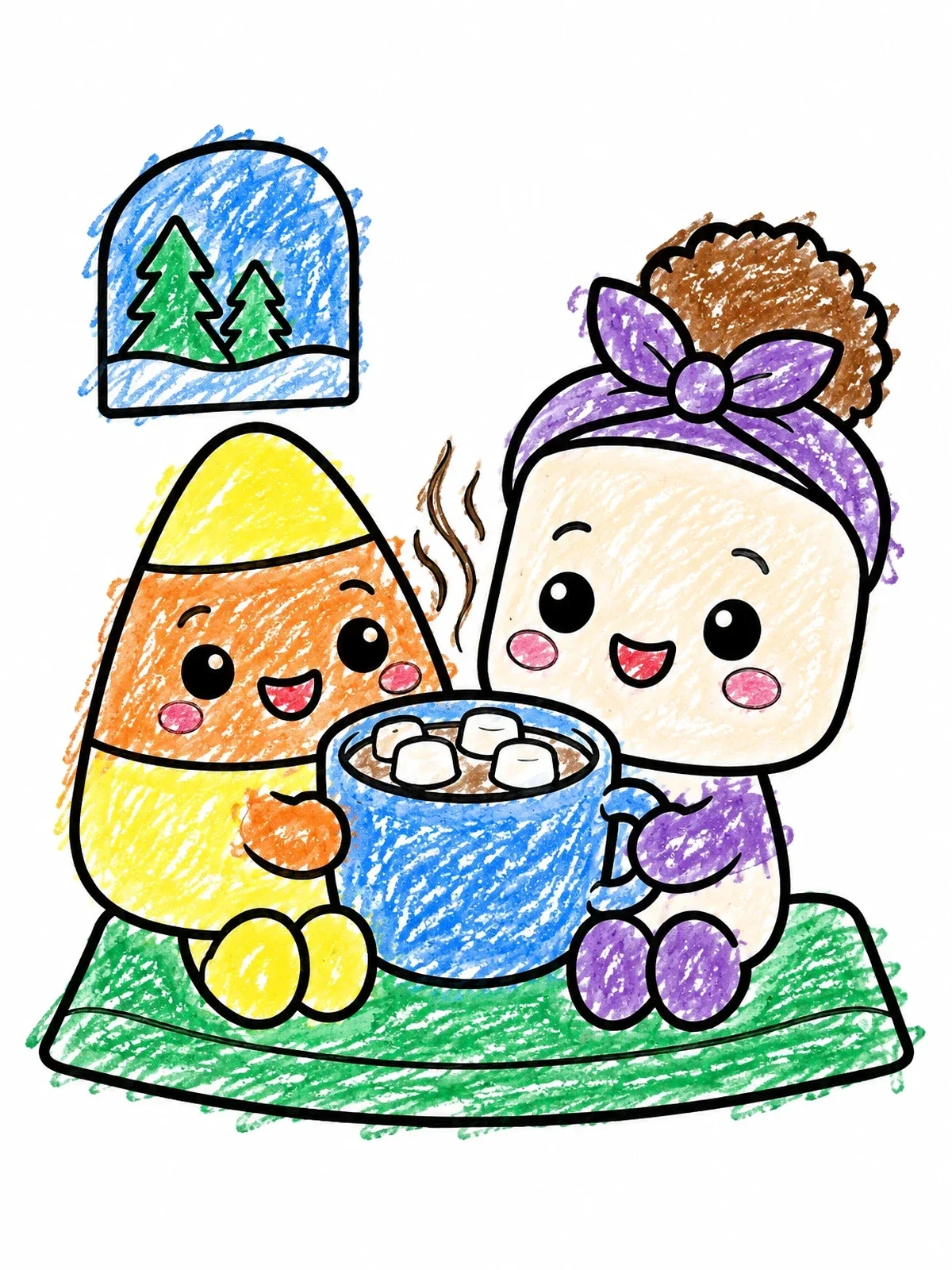 Colored example of the Candy Corn And Marshmallow Sharing Cocoa coloring page