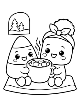 Free printable Candy Corn And Marshmallow Sharing Cocoa coloring page