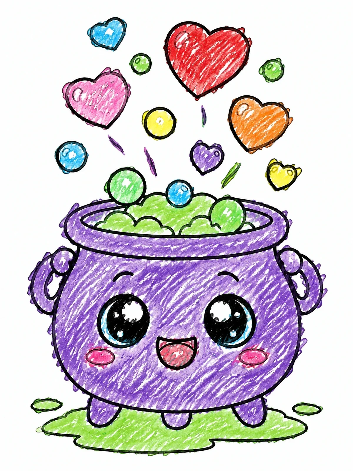 Colored example of the Cute Bubbling Halloween Cauldron coloring page