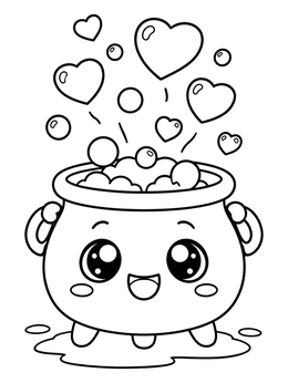 A kawaii halloween coloring page with a cheerful smiling cauldron bubbling floating heart bubbles.