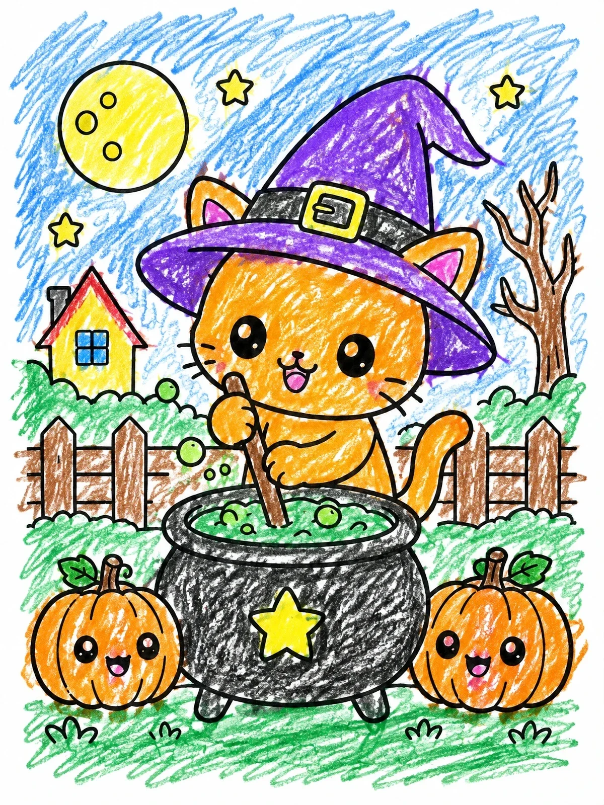 Colored example of the Cute Cat Stirring Witch Cauldron coloring page