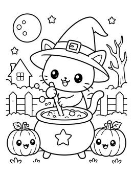 Free printable Cute Cat Stirring Witch Cauldron coloring page