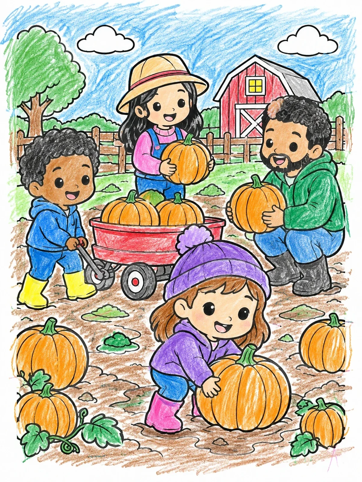 Colored example of the Family Fun In The Pumpkin Patch coloring page