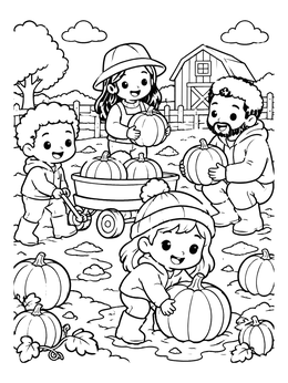 A kawaii halloween coloring page with a cute family picking pumpkins by a barn.