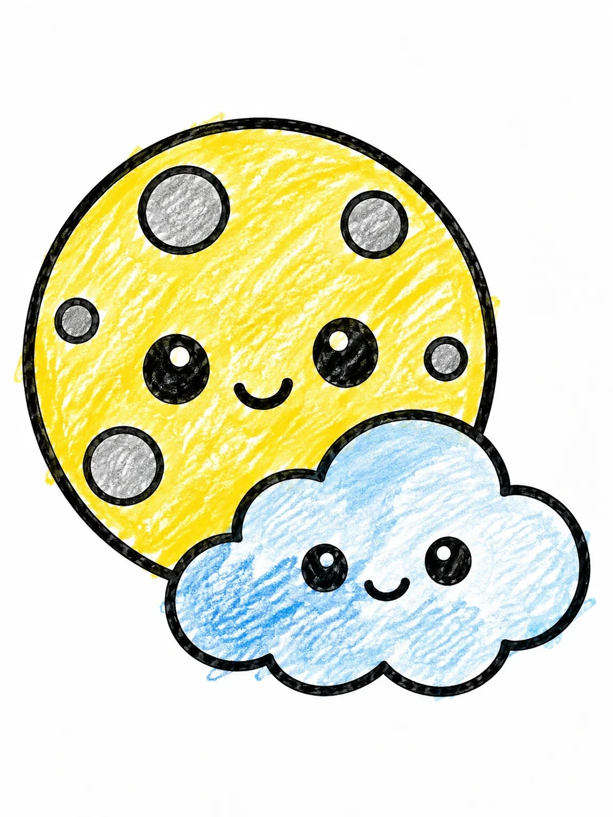 Colored example of the Cute Full Moon And Fluffy Cloud coloring page
