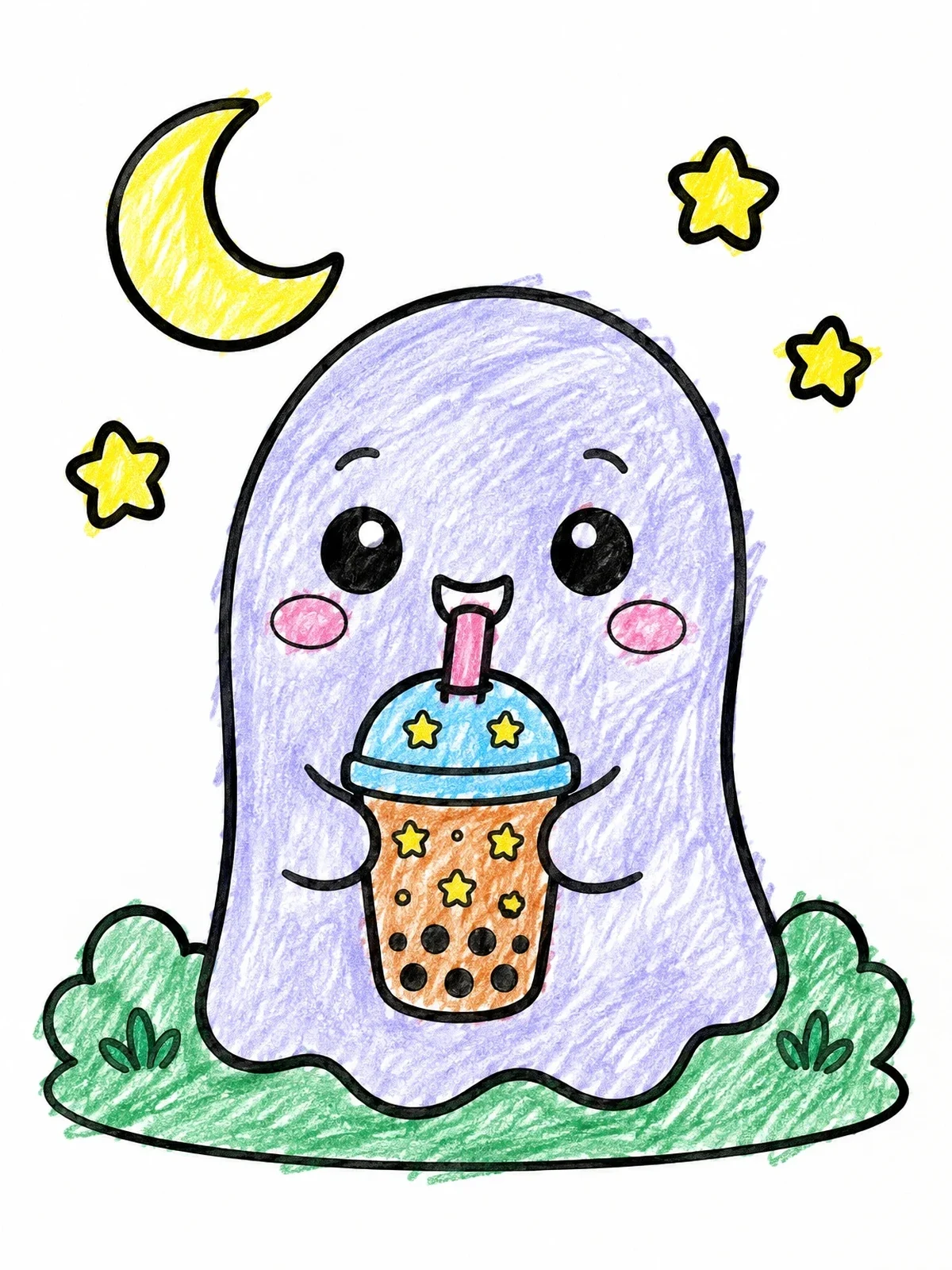 Colored example of the Cute Ghost Drinking Boba Tea coloring page